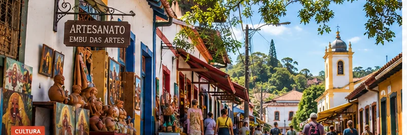 Rua do centro histórico de Embu das Artes com lojas de artesanato e visitantes